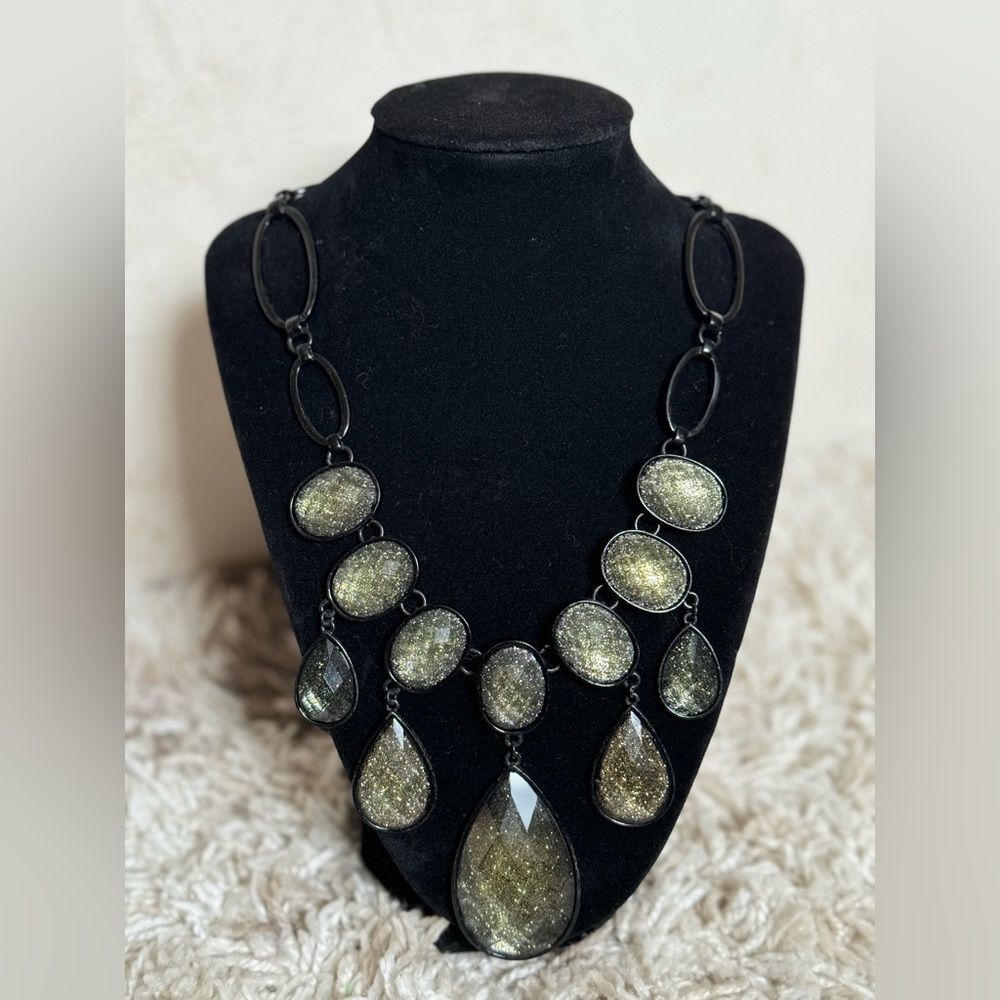 Gothic Sparkle Large Black Gold Obsidian Teardrop Costume Statement Necklace